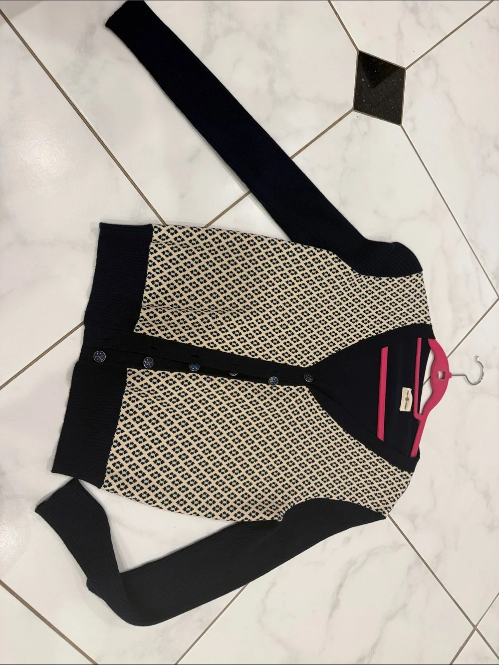 Tory Burch Navy and Cream Patterned V-Neck Cardigan, golf club buttons